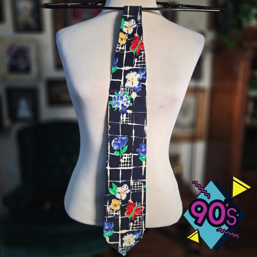 Structure Silk Tie Vintage 90s Necktie Floral Butterfly Grid Navy Blue Mens USA